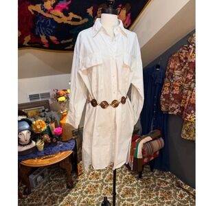 Blue Tassel White 100% Cotton Crisp Oversized Shirt Dress Back Button Detail